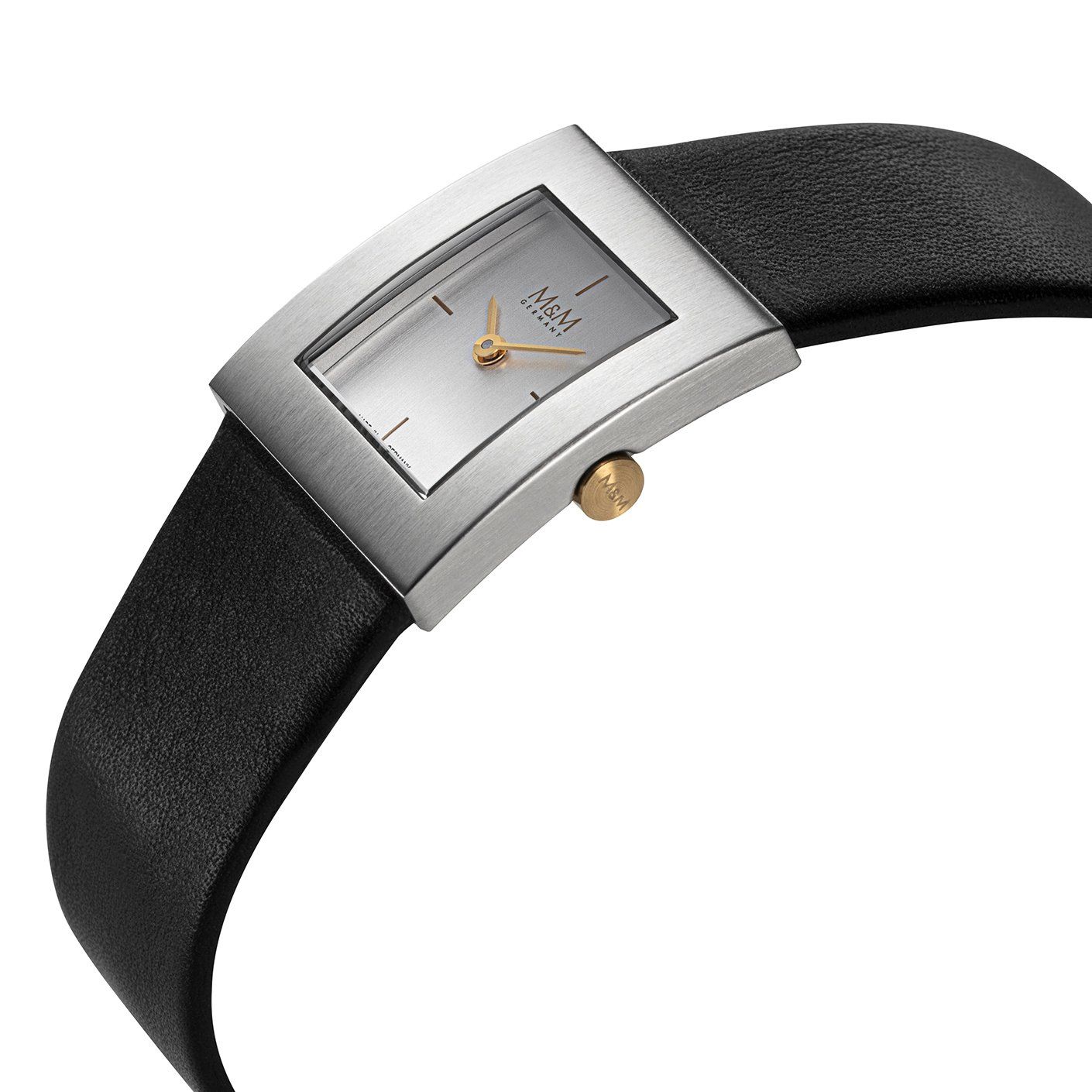 Rechthoekig horloge van zilver met zwarte leren band.