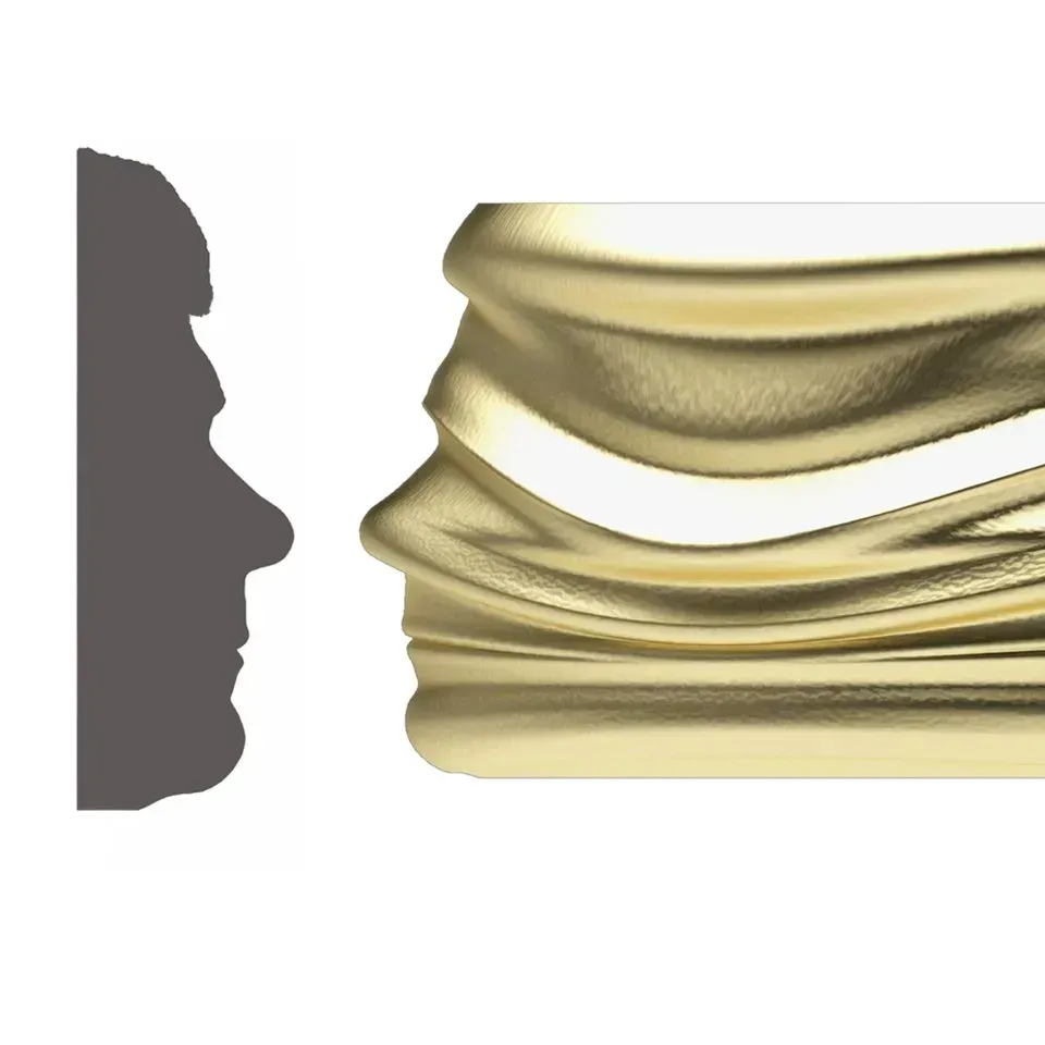 Silhouet van een gezicht naast een gouden, gelaagde sculptuur van een gezicht.