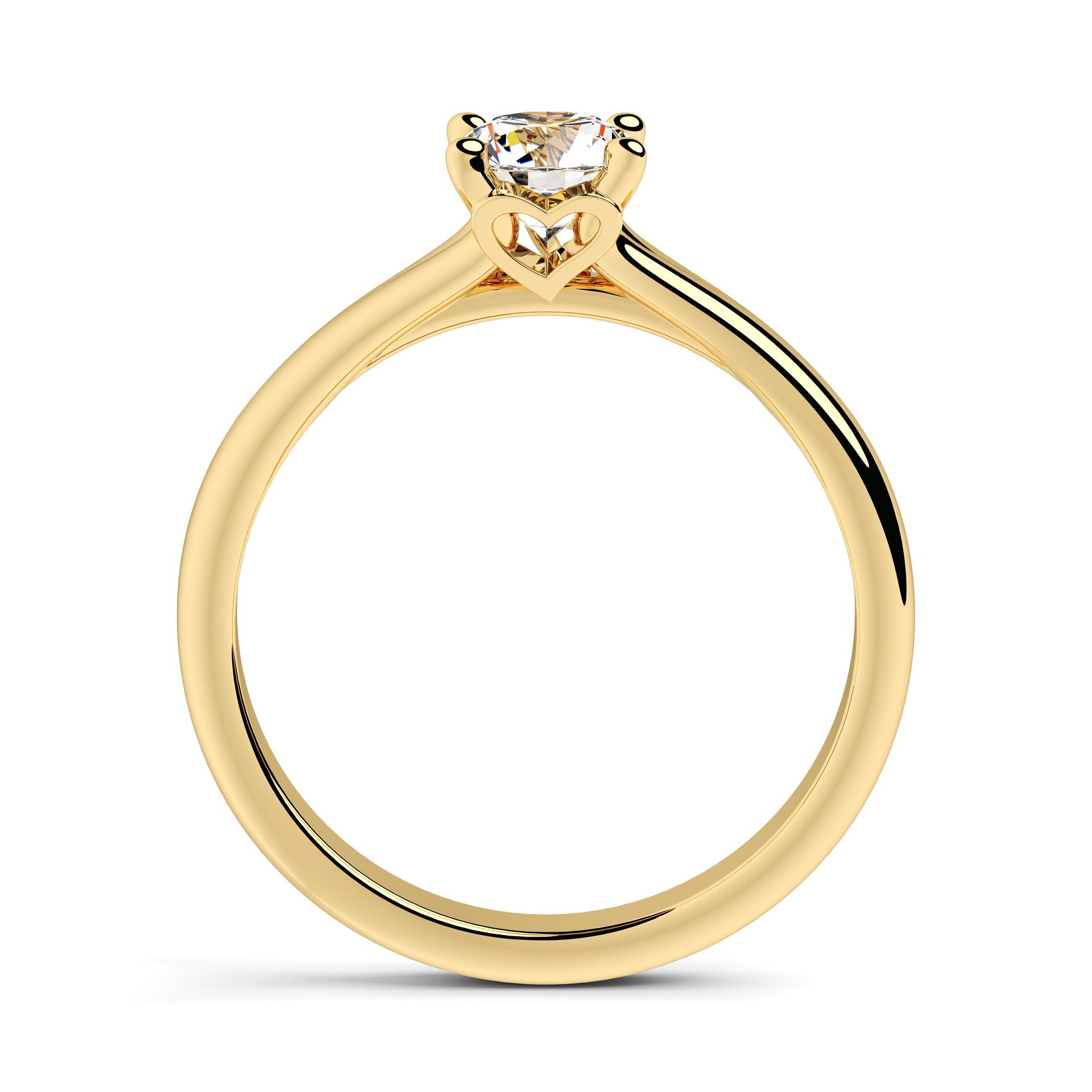 Verlovingsring van geelgoud met een ronde diamant op een eenvoudige band.