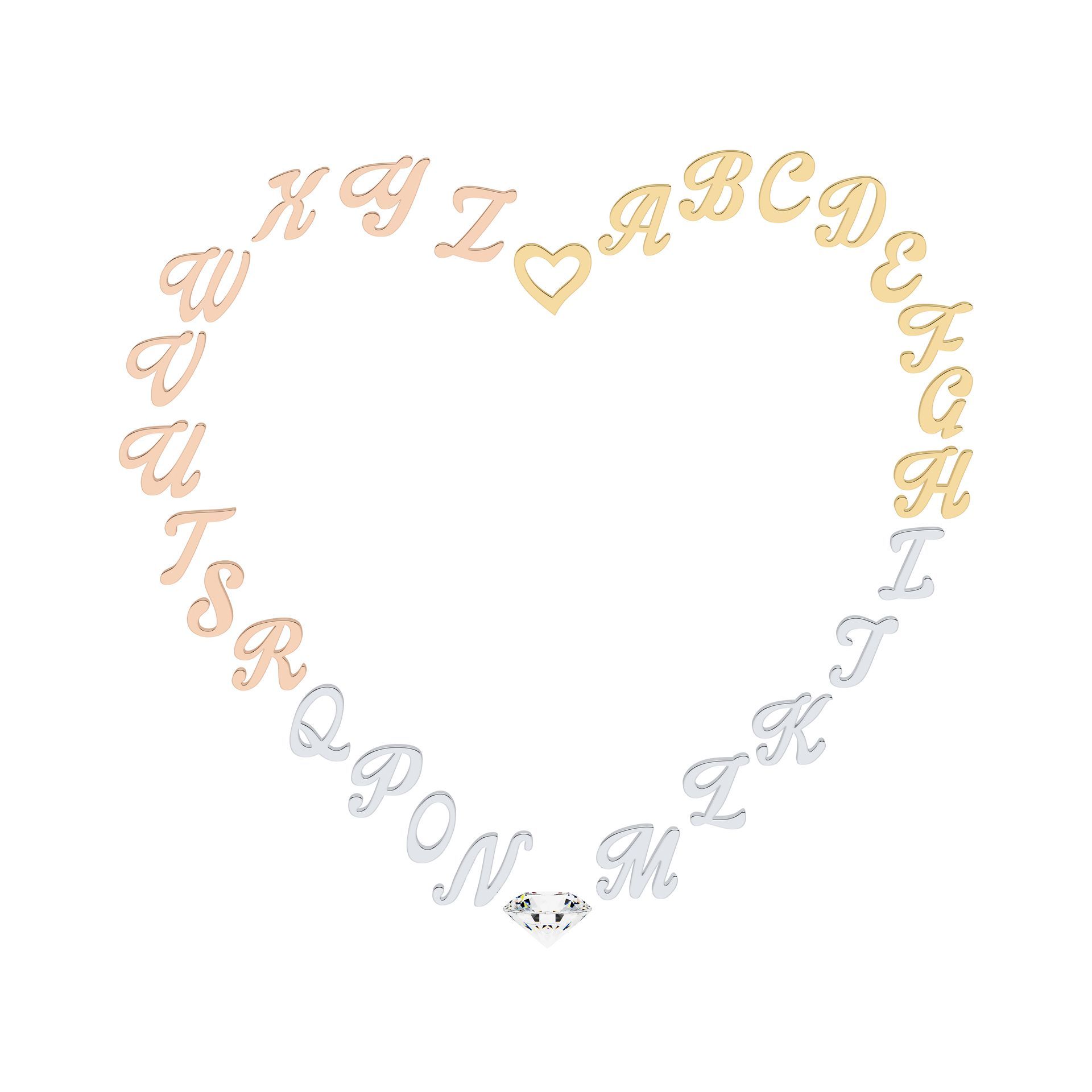 Alfabetletters gerangschikt in de vorm van een hart, in verschillende tinten goud, zilver en roségoud.