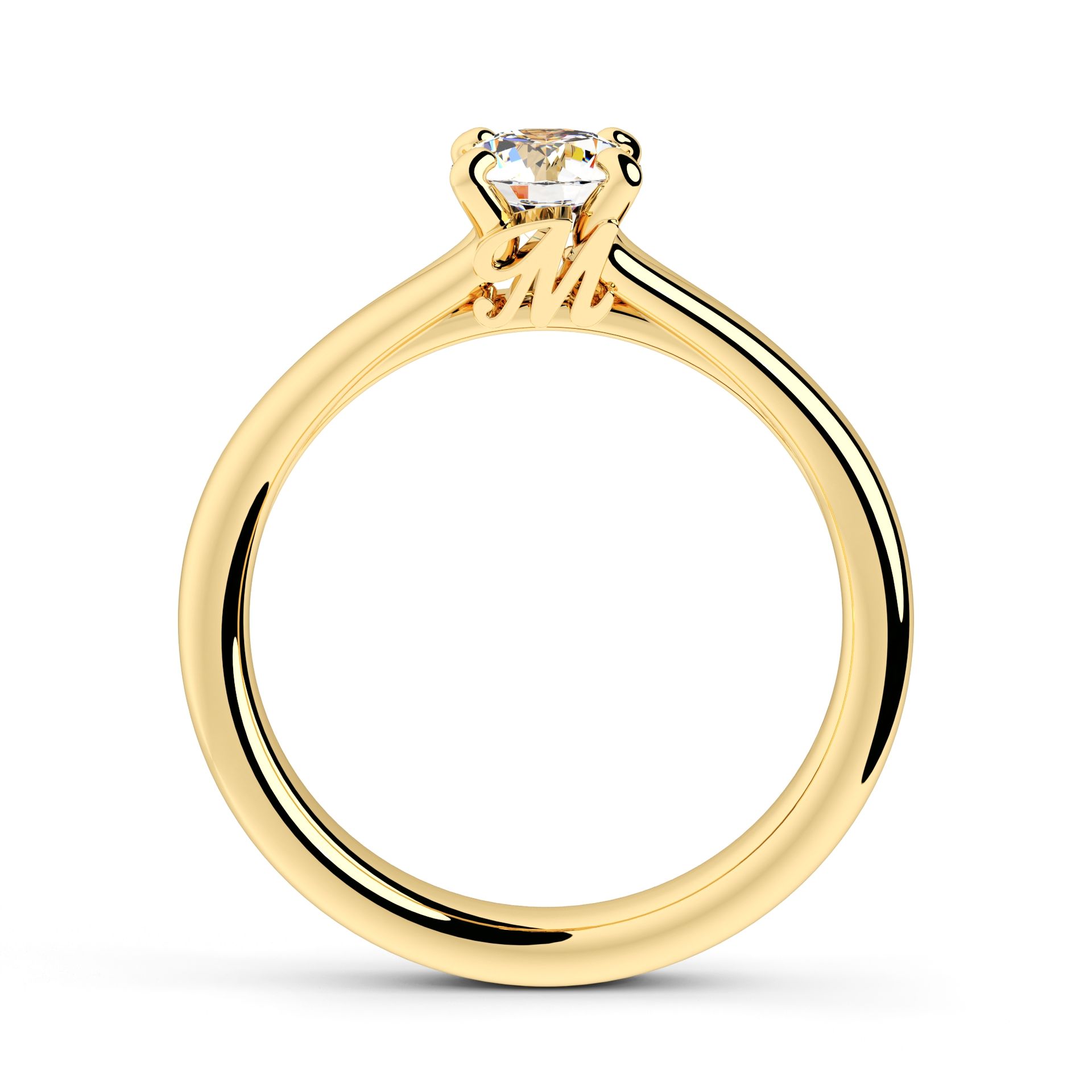 Gouden verlovingsring met een ronde diamant op een dunne band.