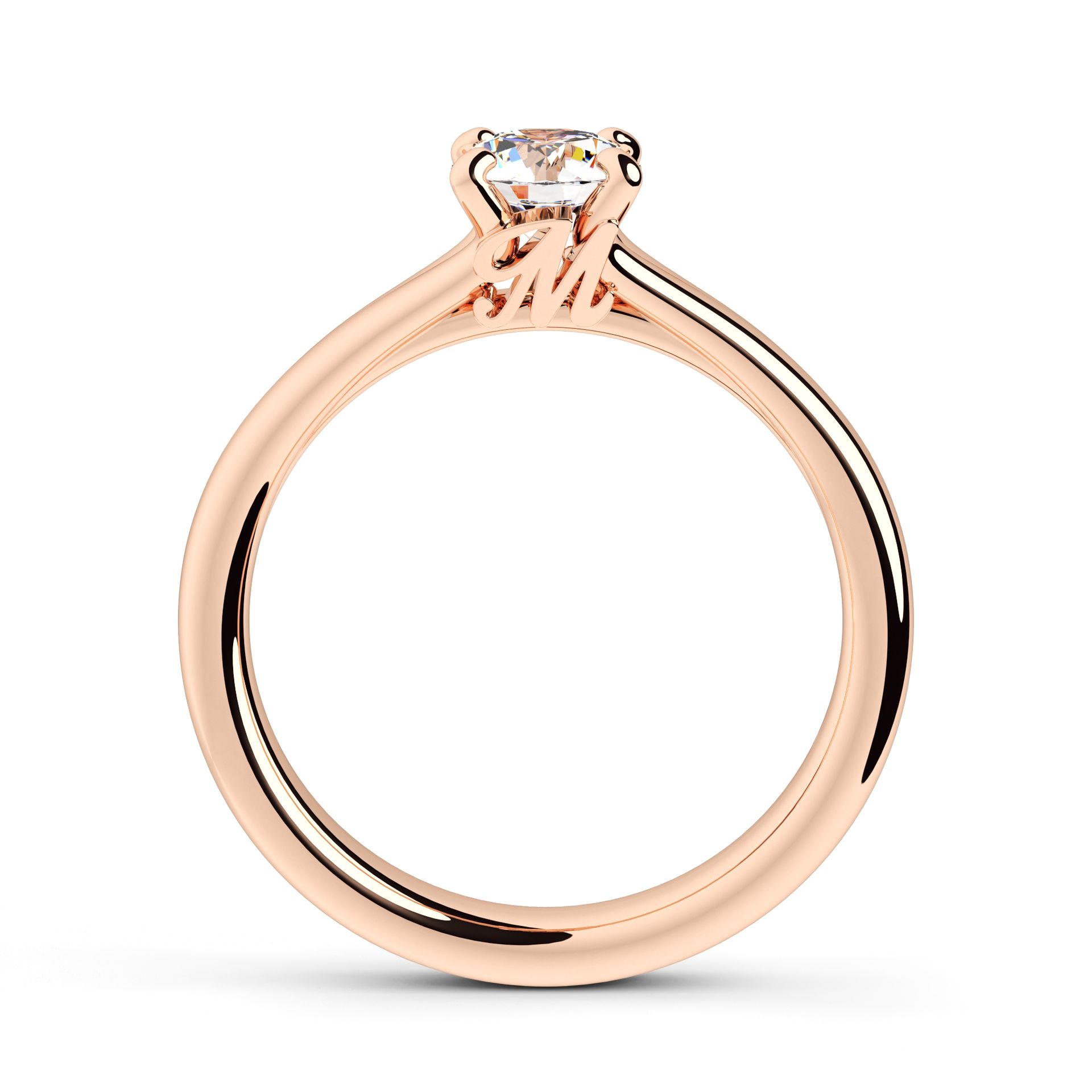 Verlovingsring van roségoud met een ronde diamant, gezet op een witte achtergrond.