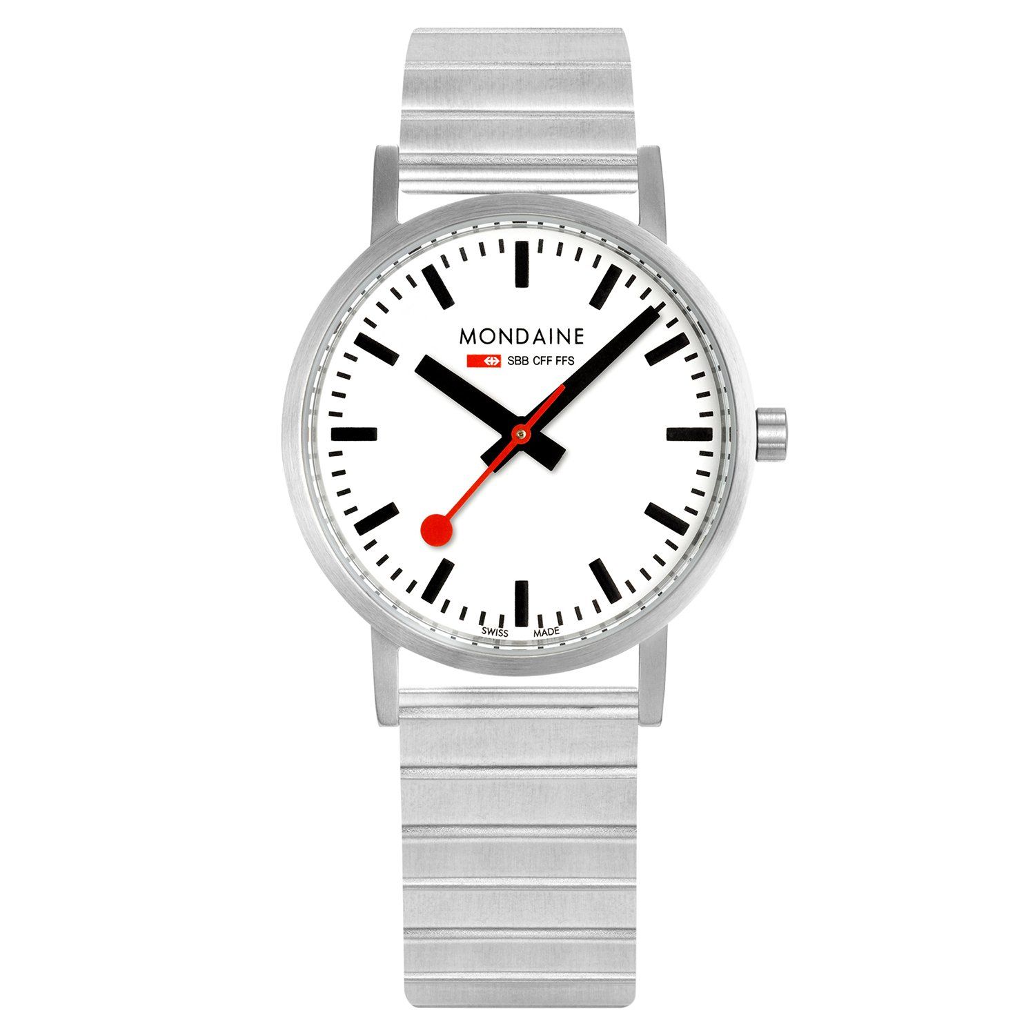 Zilveren Mondaine horloge met een witte wijzerplaat, zwarte wijzers en rode secondewijzer.