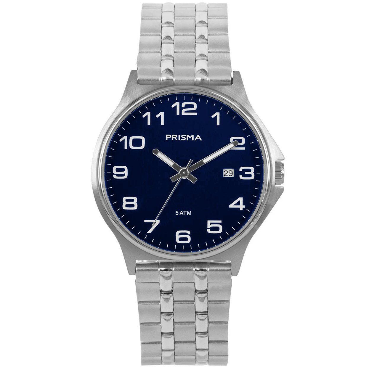 Zilveren polshorloge met een marineblauwe wijzerplaat, witte cijfers en een datumaanduiding.