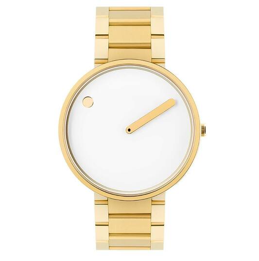 Gouden Movado horloge met witte wijzerplaat en enkele gouden stip op de 12-uurspositie; gouden band.