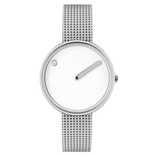 Zilveren polshorloge met witte wijzerplaat en meshband.