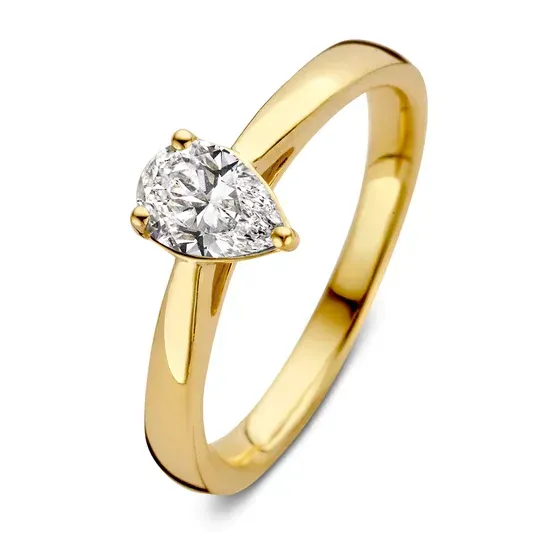 Gouden ring met een peervormige solitaire diamant.
