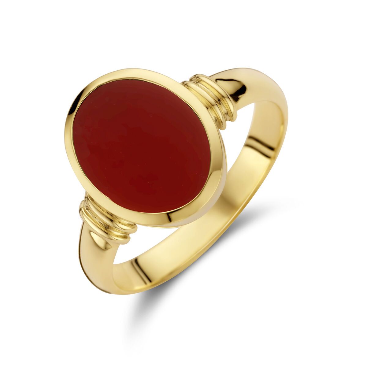 Gouden ring met ovale, rode edelsteen.