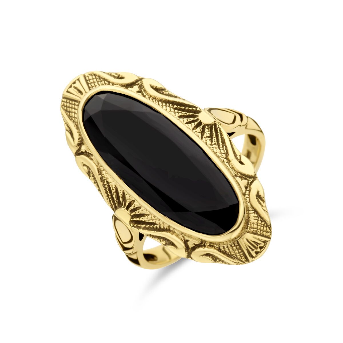 Goudkleurige ring met een ovale, zwarte steen, ingewikkeld filigraanmotief.