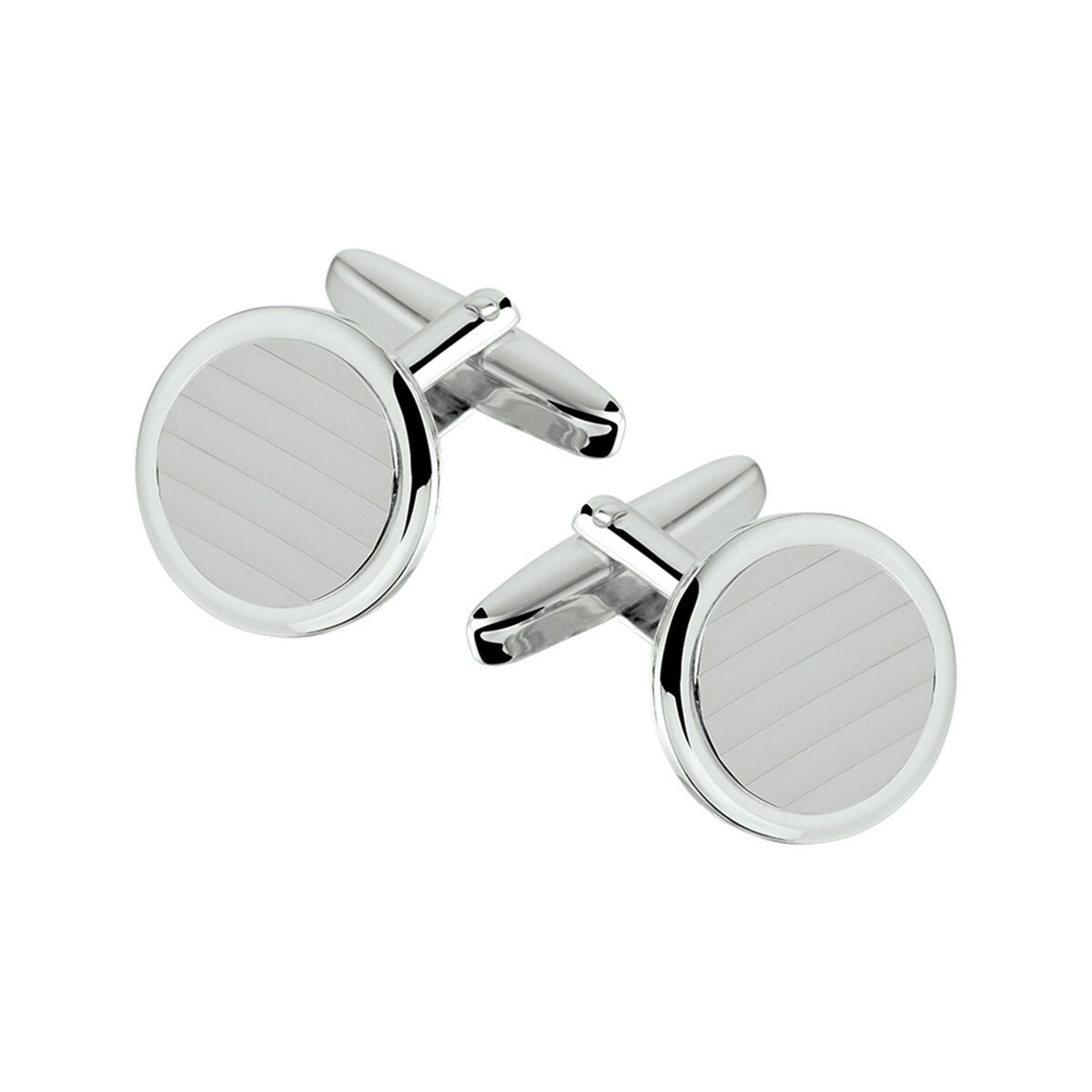 Zilveren manchetknopen met ronde, gestructureerde voorkant en sluitingen in de vorm van een staafje.