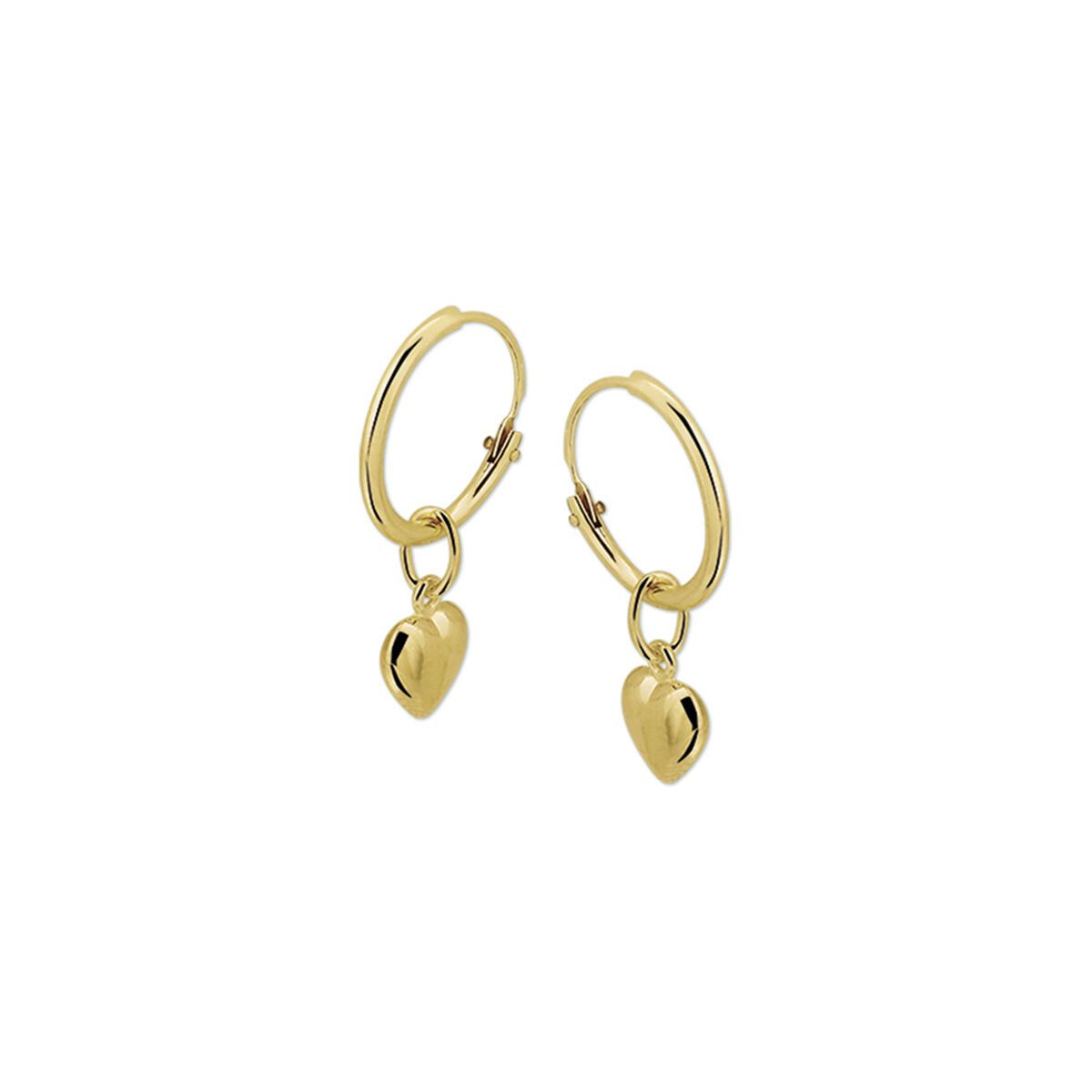 Gouden creolen met hangende hartjes.