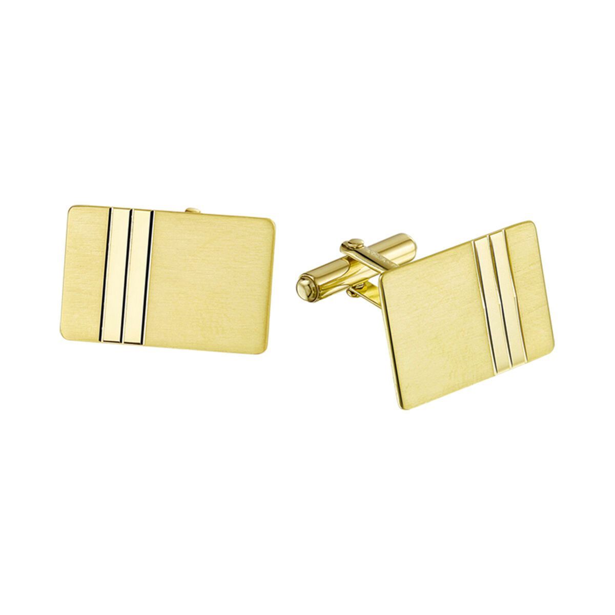 Rechthoekige manchetknopen van goud met verticale zwarte strepen.