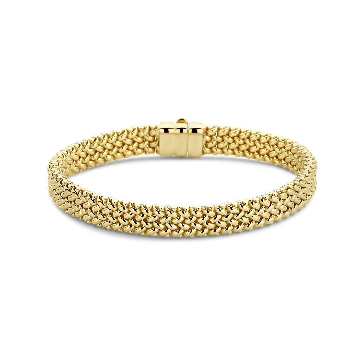 Gouden armband met mesh-design en sluiting.