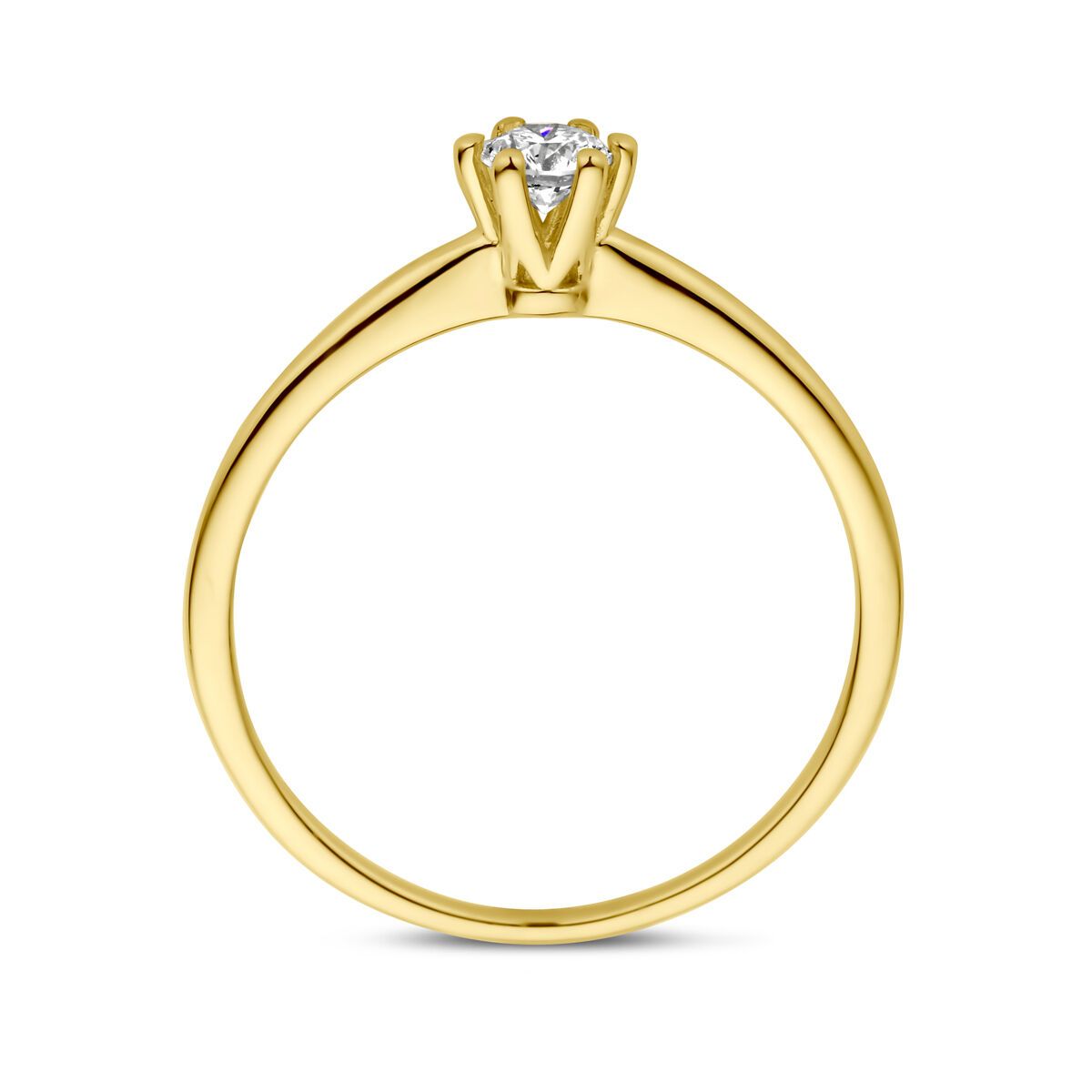 Gouden solitaire ring met een kleine, heldere diamant.