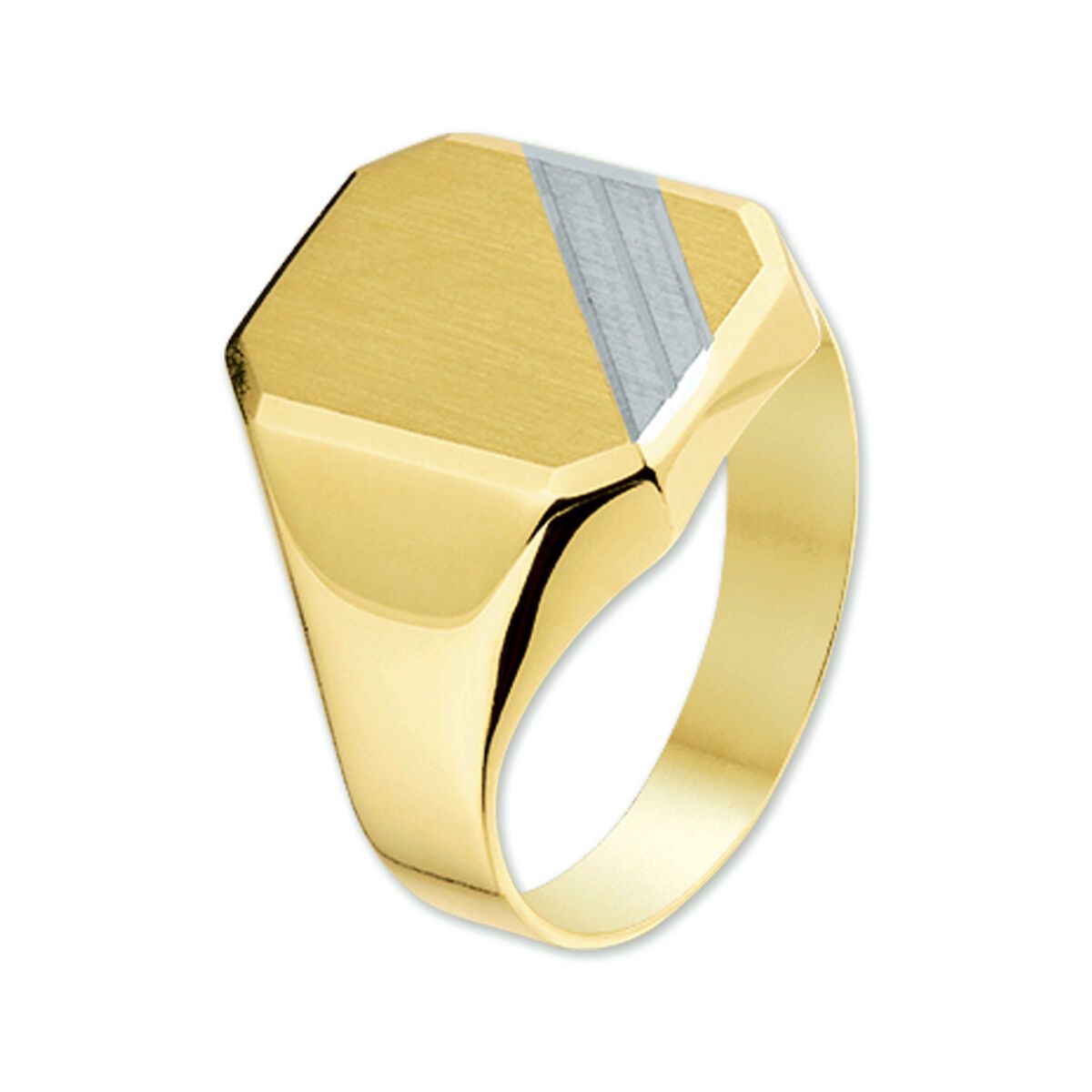 Gouden zegelring met een diagonaal geplaatste zilveren streep aan de bovenkant.