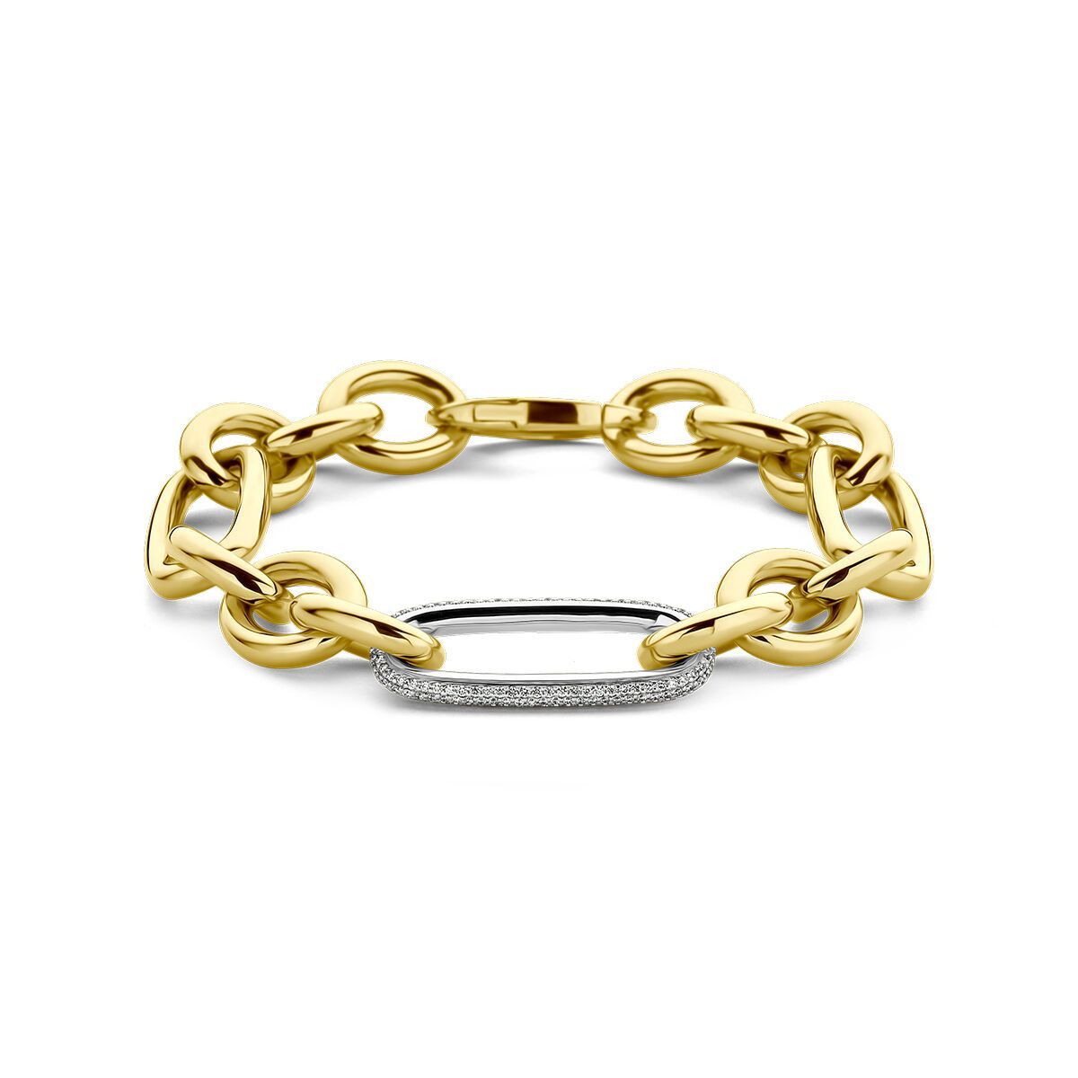Armband van goud-zilveren schakels met een ovale schakel bezet met diamanten.