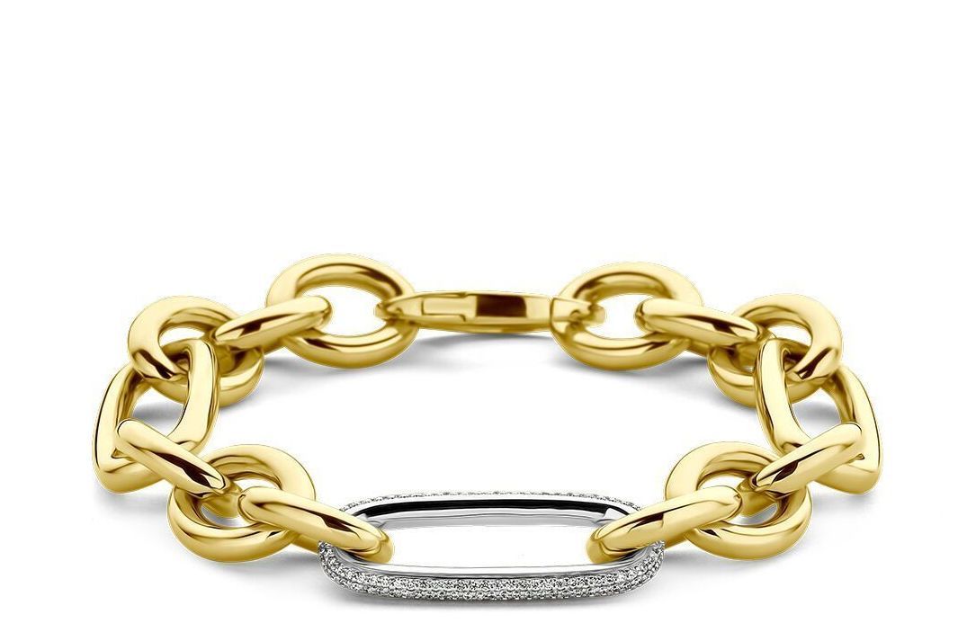 Gouden schakelarmband met een met diamanten bezette middenschakel.