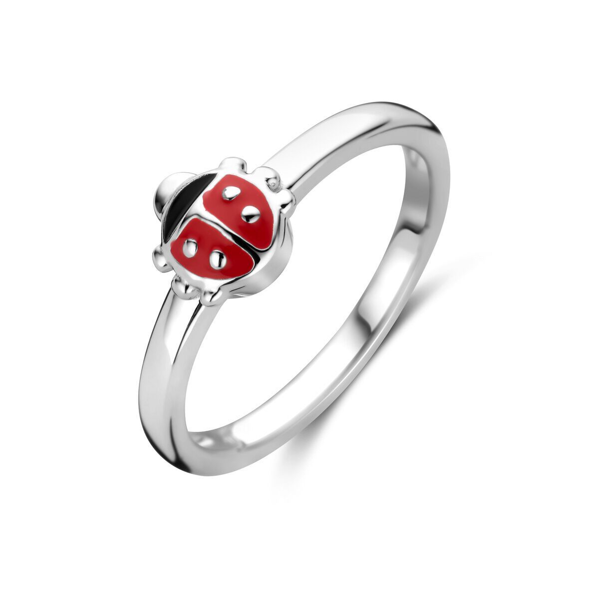 Zilveren ring met een rood en zwart lieveheersbeestjesmotief.