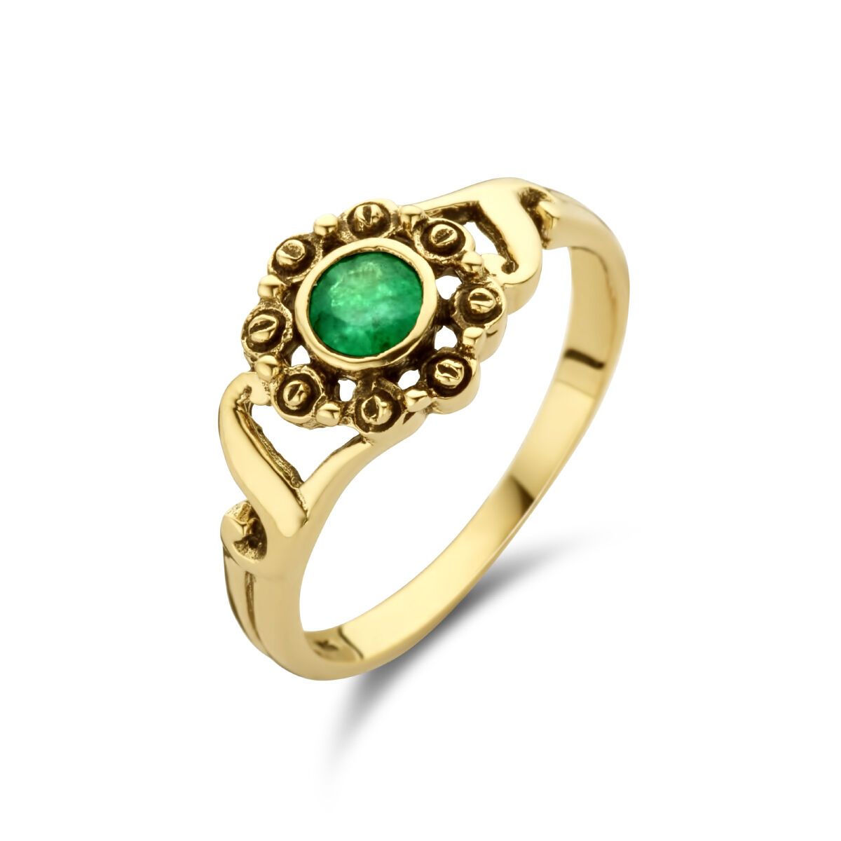 Gouden ring met een groene edelsteen in het midden.