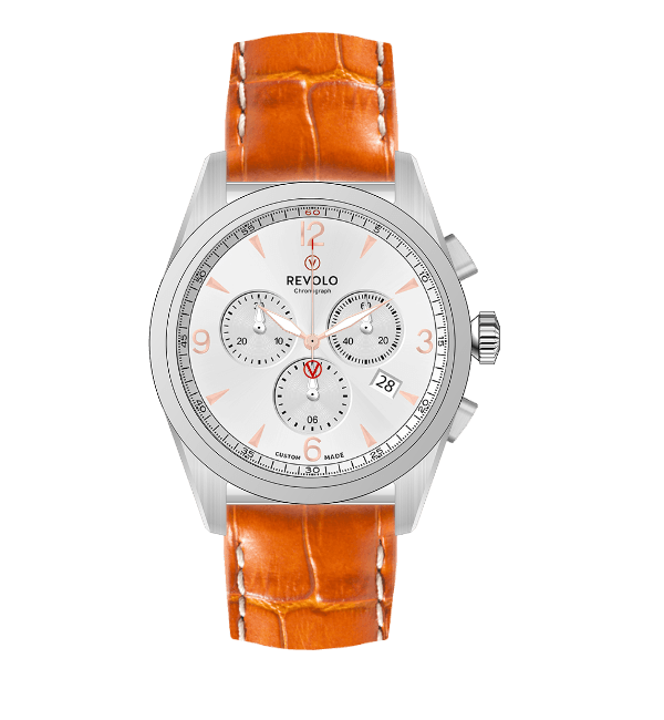 Zilveren polshorloge met oranje leren band.