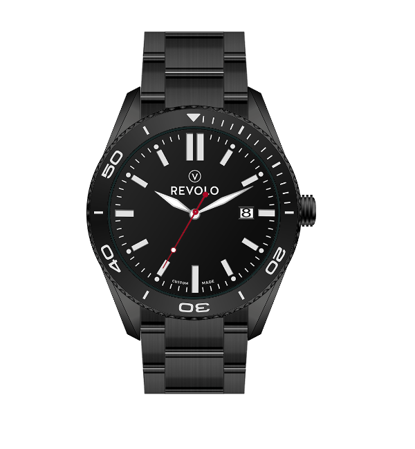 Zwart polshorloge met zwarte band en wijzerplaat, witte markeringen en een rode secondewijzer.