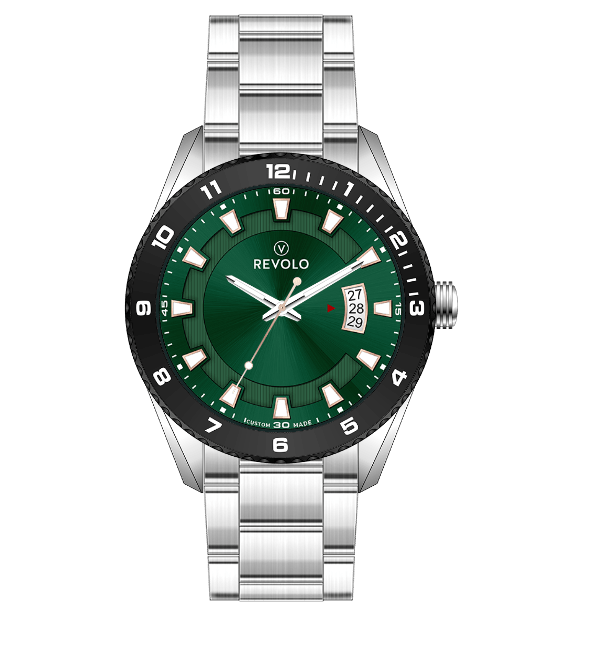 Zilveren horloge met groene wijzerplaat, zwarte lunette en datumweergave. 