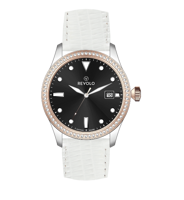 Zilveren polshorloge met zwarte wijzerplaat, witte band en roségouden lunette.