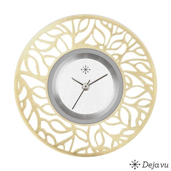 Ronde klok met een witte wijzerplaat, zilveren lunette en een lichtbeige opengewerkt bladmotief.