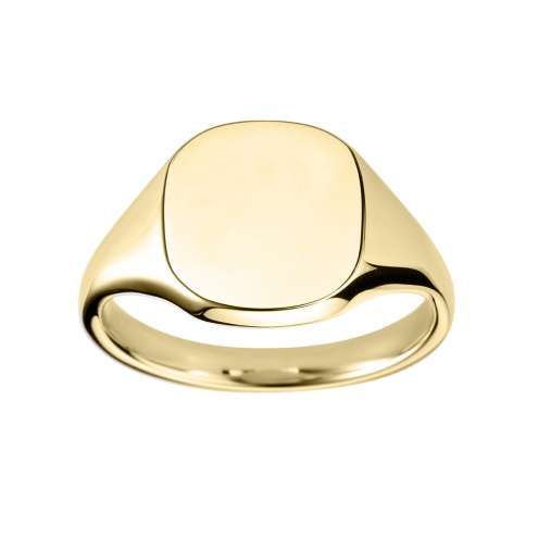 Gouden zegelring met een glad, afgerond vierkant vlak.