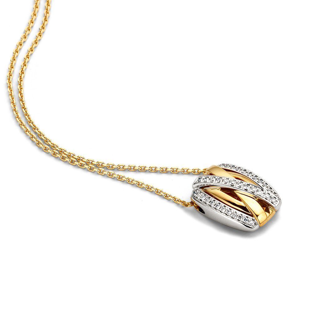 Gouden ketting met een tweekleurige hanger bezet met diamanten.