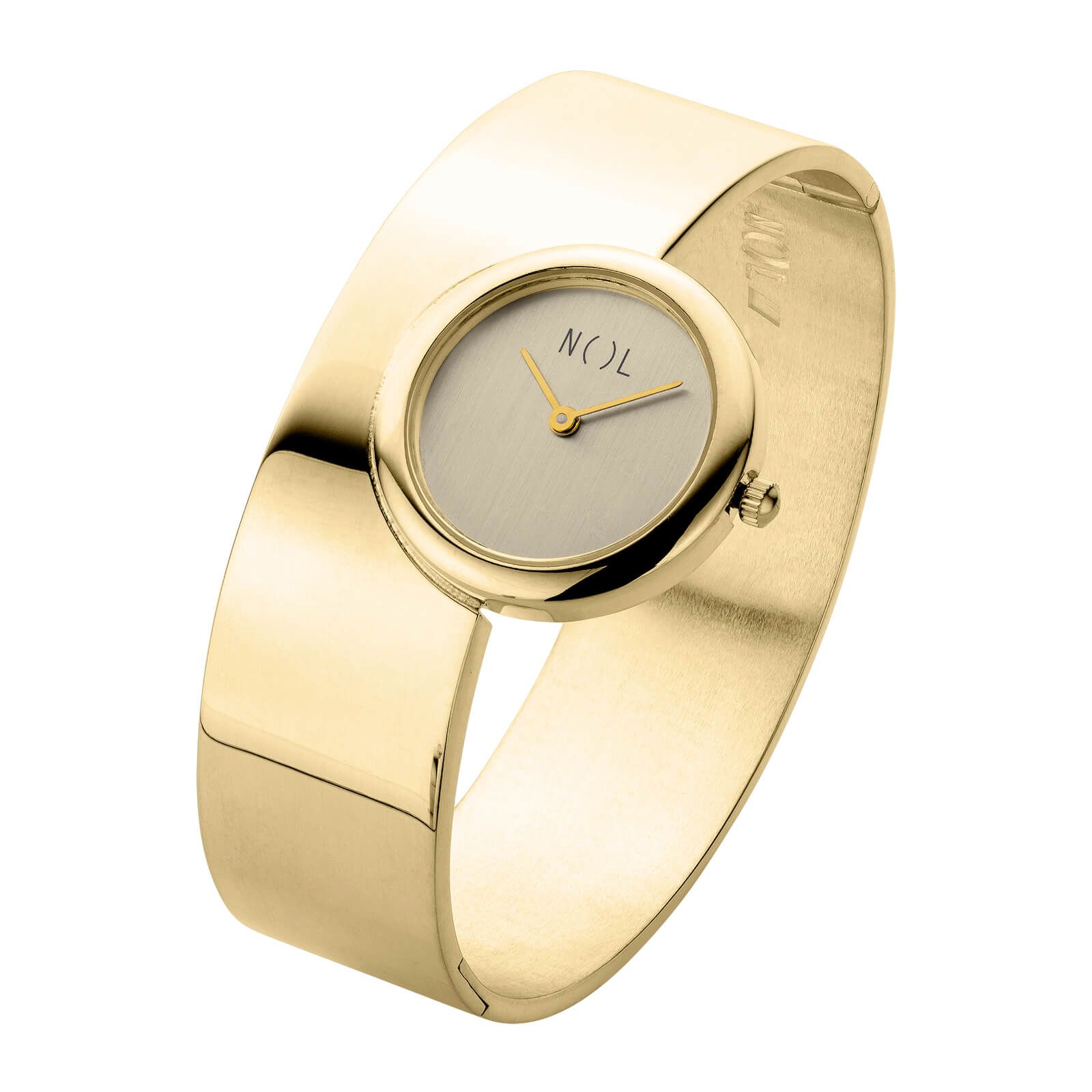Gouden armbandhorloge met een ronde, lichtgekleurde wijzerplaat.