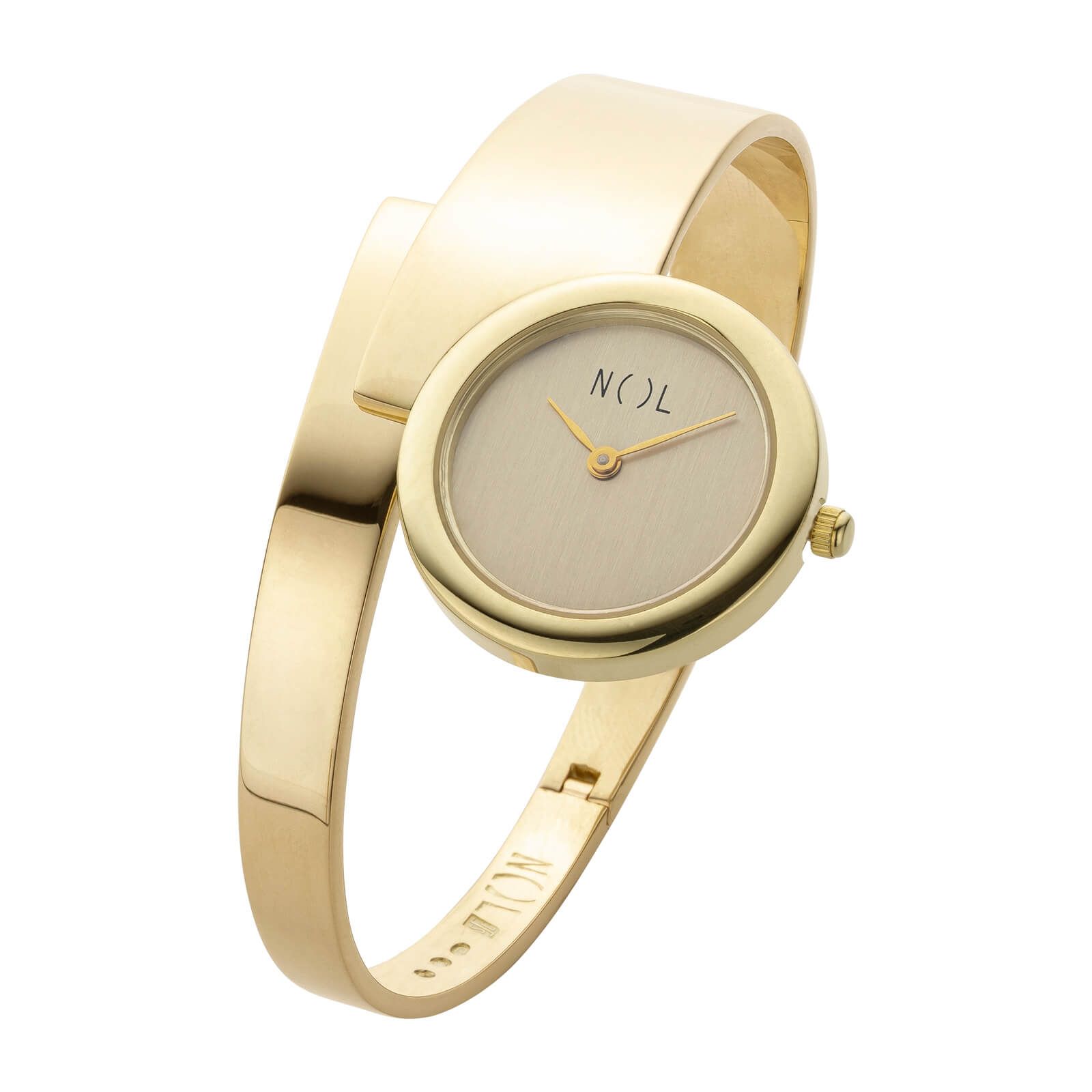 Gouden polshorloge met een ronde wijzerplaat en een armband-stijl band.