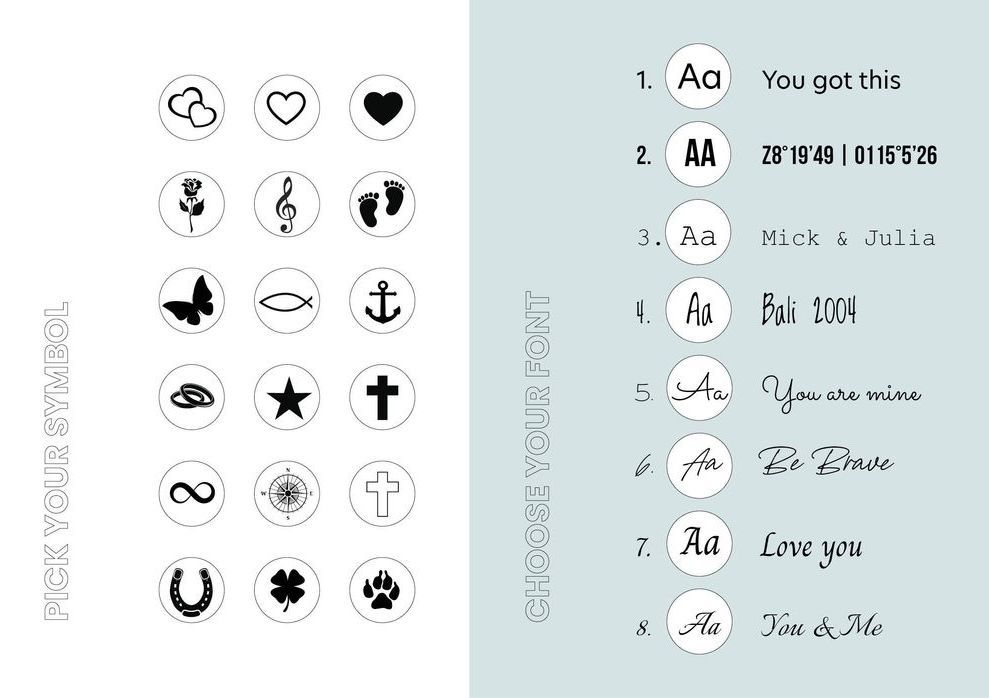 Menu met graveeropties: symbolen en tekststijlen. Voorbeelden van teksten zijn onder andere