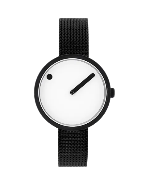 Minimalistisch zwart-wit horloge met een witte wijzerplaat, zwarte stippen en staafvormige wijzers, op een zwarte band.