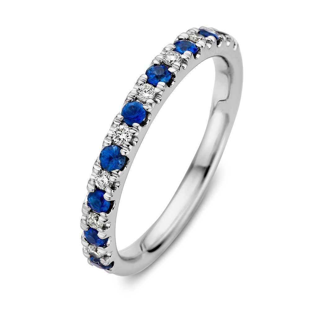 Ring met afwisselend blauwe edelstenen en kleine diamantjes in zilver.