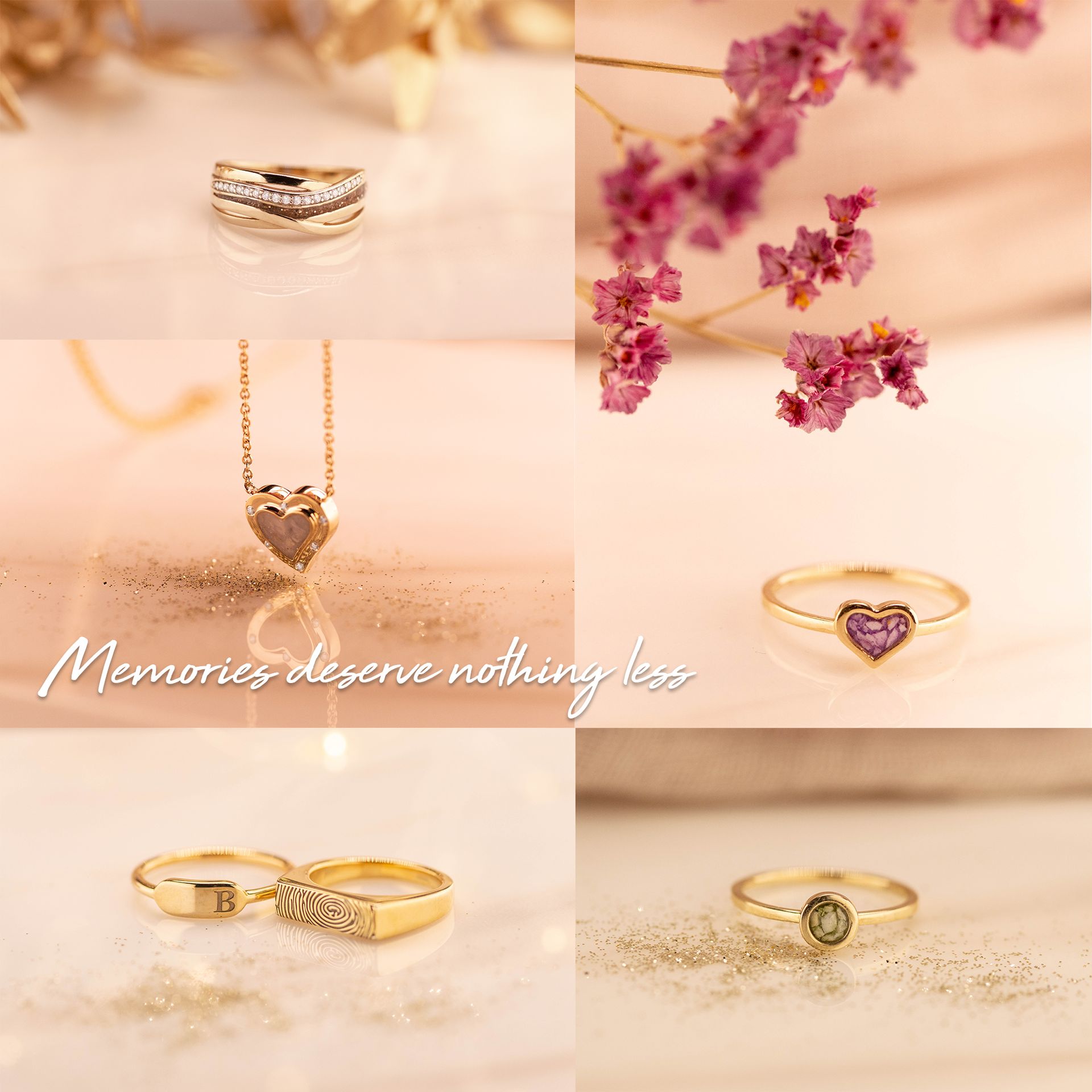 Sieradendisplay met ringen en een ketting tegen een achtergrond van bloemen en glitters, met de tekst: 