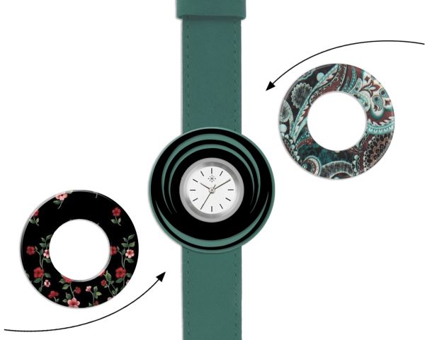 Groen horloge met verwisselbare bezels met patroon: bloemen, paisley.