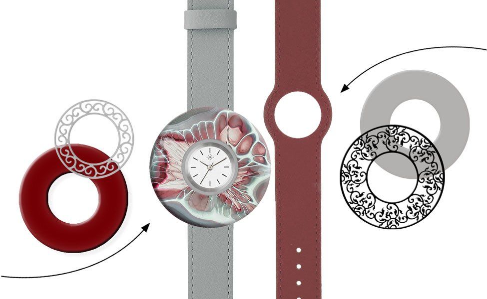 Horloge met verwisselbare lunetteringen en banden.