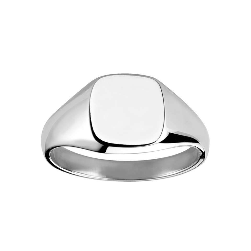 Zilveren zegelring met een glad, vierkant vlak.