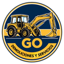 Excavadora amarilla sobre fondo azul, logo 