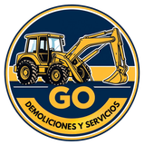 Excavadora amarilla sobre fondo azul, logo 