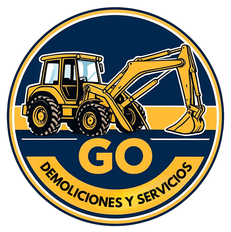 Excavadora amarilla sobre fondo azul, logo 