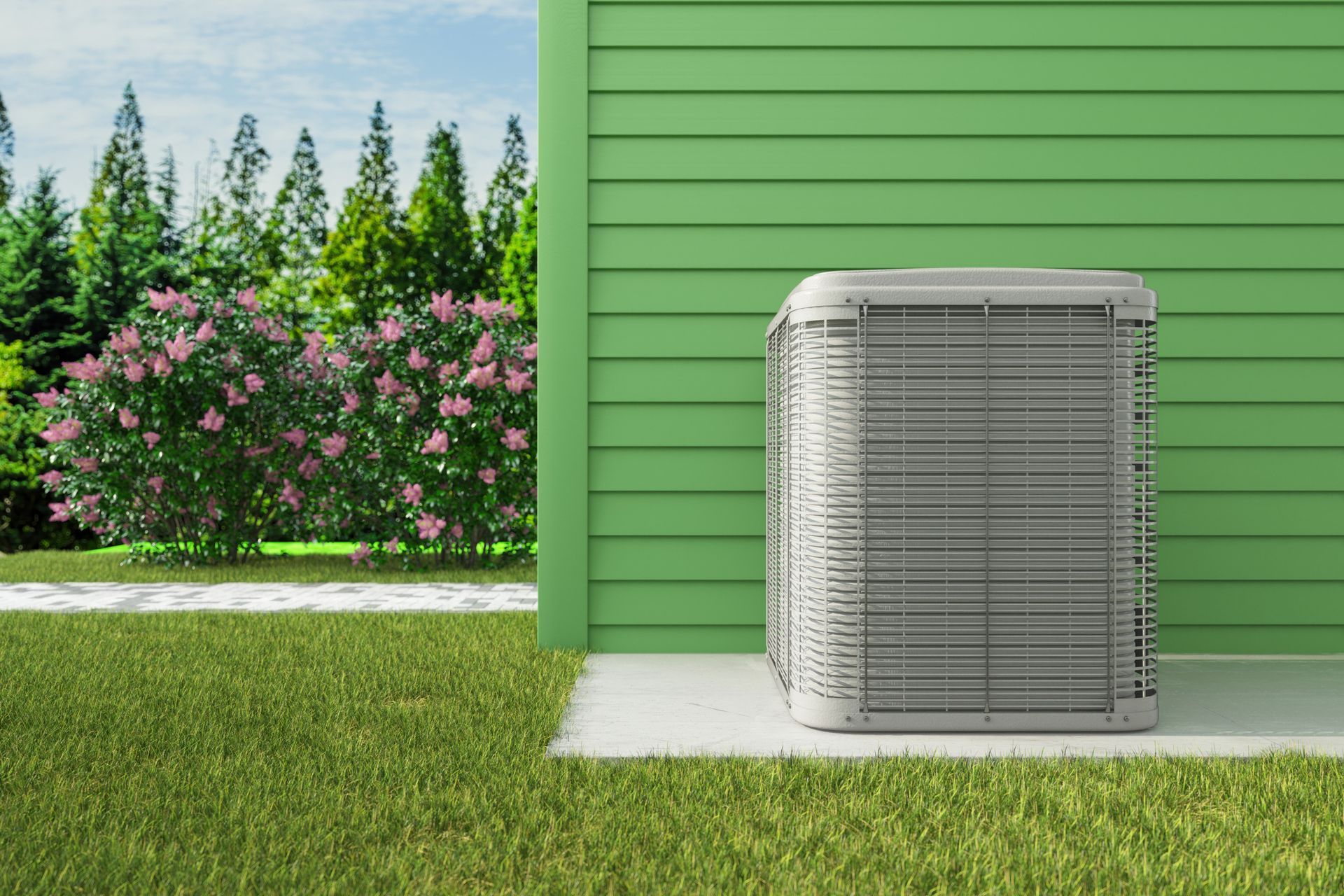 Air conditioning unit next to a green house wall and grass.