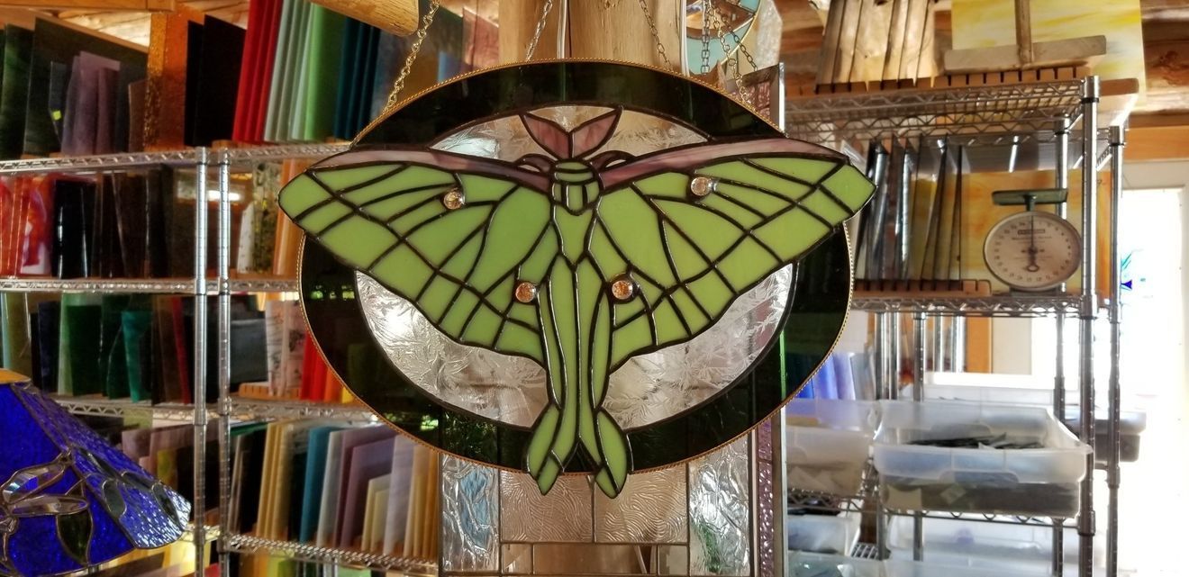 A stained glass window with a green moth in a circle.