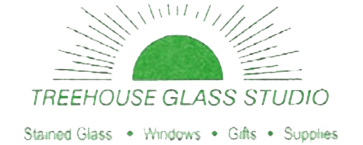 The logo for treehouse glass studio shows a green sun with rays coming out of it.