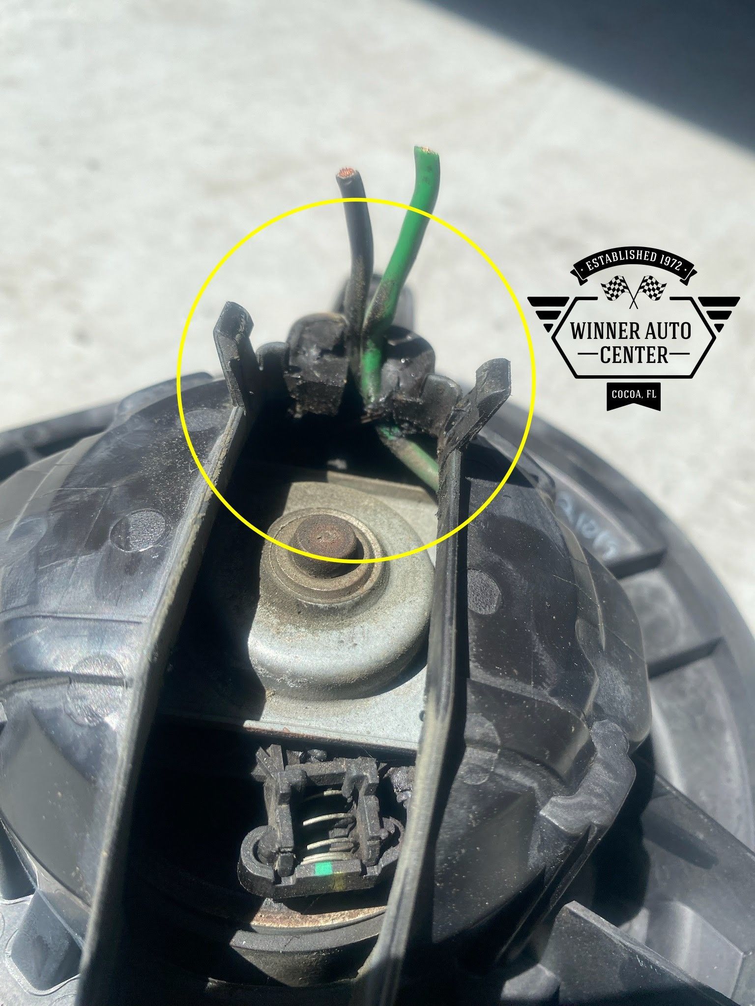 Damaged wires, green and brown, emerging from a black car part | Winner Auto Center