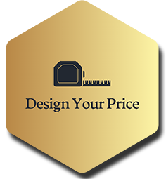 A gold hexagon with a measuring tape and the words design your price