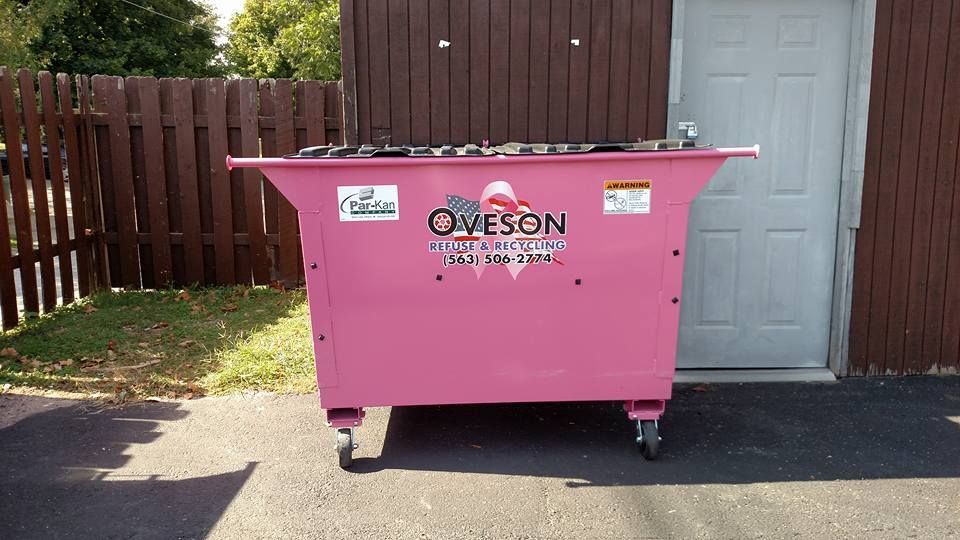 Pink commercial dumpster in front of a brown wooden building.