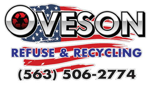 Logo for Oveson Refuse & Recycling, with an American flag background and phone number.