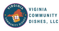 Logo for Virginia Community Dishes, LLC: dark blue circle with VA outline, cookbook with shamrock, text.